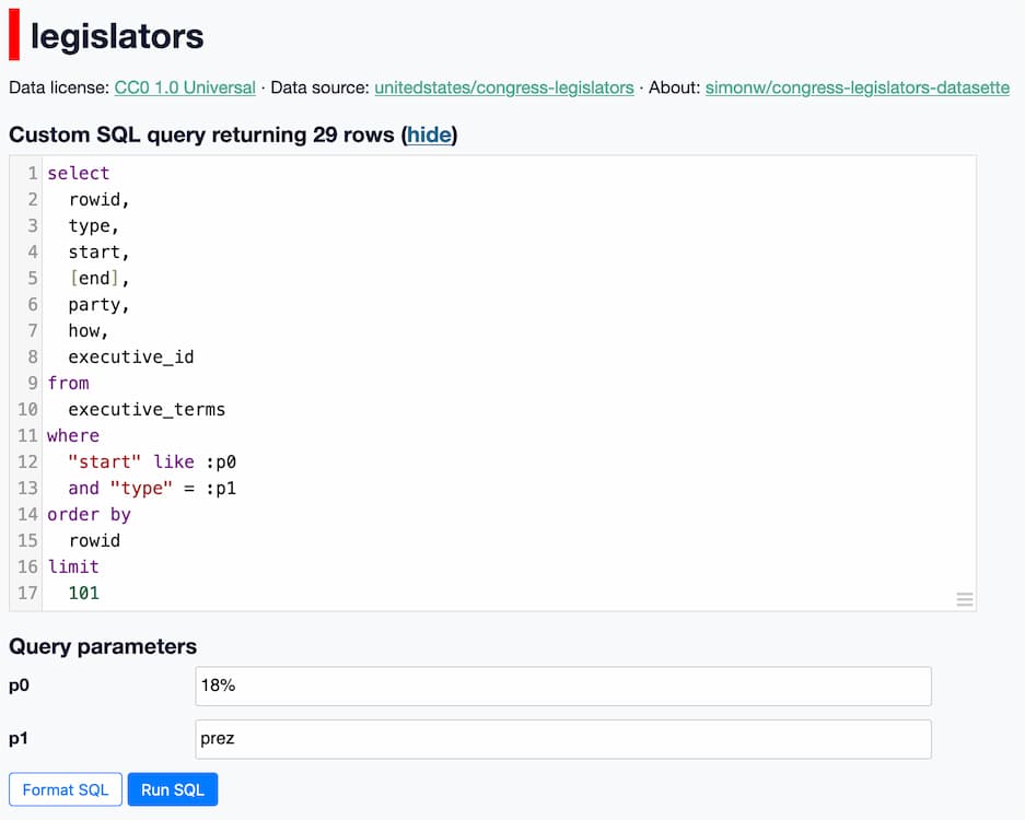 An interface showing the SQL query plus two additional input boxes, named p0 and p1. p0 contains the text 18% and p1 contains the text prez